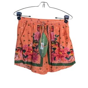 NEW Farm Rio Fruit Garden Scarf Shorts Small Orange Floral Printed Satin Resort